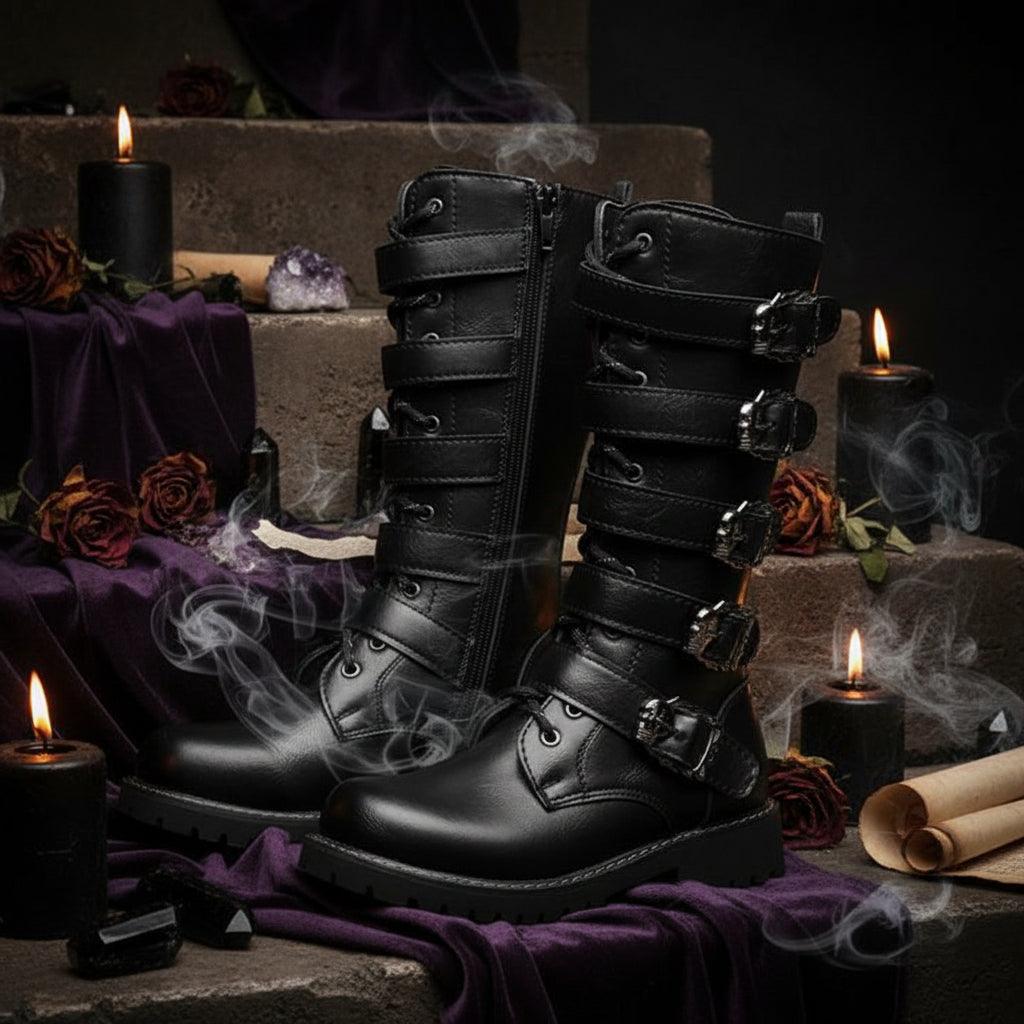 Black leather boots with multiple buckles on a white background