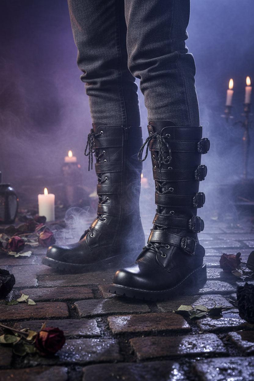 Black leather boots with multiple buckles worn by a person sitting on a wooden chair.