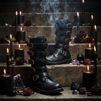 Black leather boots with gold buckles on a white background