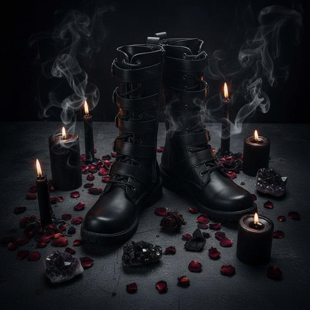 Black knee-high boots with multiple buckles on a white background
