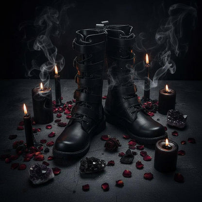 Black knee-high boots with multiple buckles on a white background