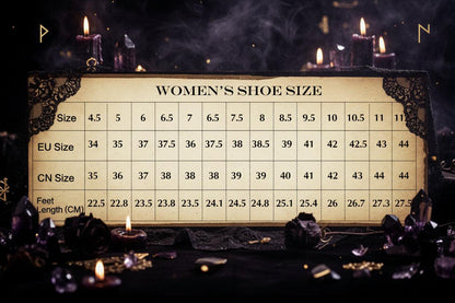 Table showing shoe size conversions between US, EU, and CN systems with foot length measurements in centimeters.