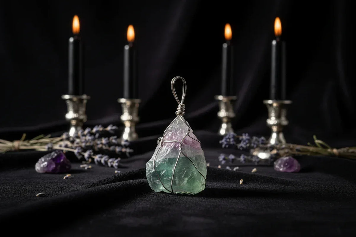 Raw Crystal Necklace - Sorceress Sanctuary Lemon crystal (silver) / Pure natural-Green fluorite (gold) / Pure natural-Lemon crystal (golden) / Pure natural-Amethyst (golden) / Pure natural-Fluorite (silver) / Pure natural