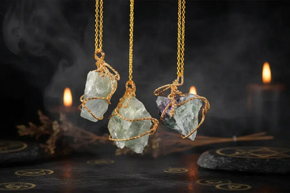Raw Crystal Necklace - Sorceress Sanctuary Lemon crystal (silver) / Pure natural-Green fluorite (gold) / Pure natural-Lemon crystal (golden) / Pure natural-Amethyst (golden) / Pure natural-Fluorite (silver) / Pure natural