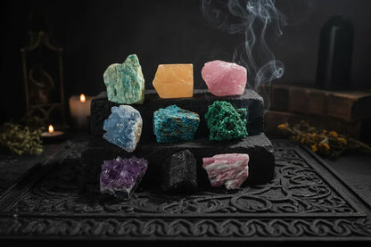 Raw Mineral Specimens - Sorceress Sanctuary Black tourmaline-Plum Tourmaline-Amethyst cluster-Yellow Stone-Tianhe stone