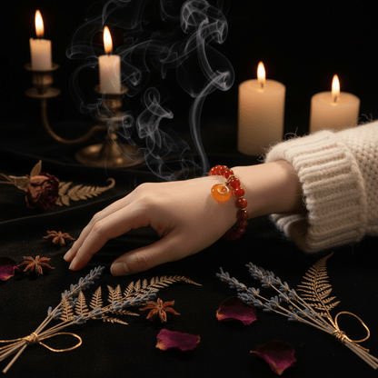 Close-up of a wrist wearing a red beaded bracelet with a circular charm against a blurred background.