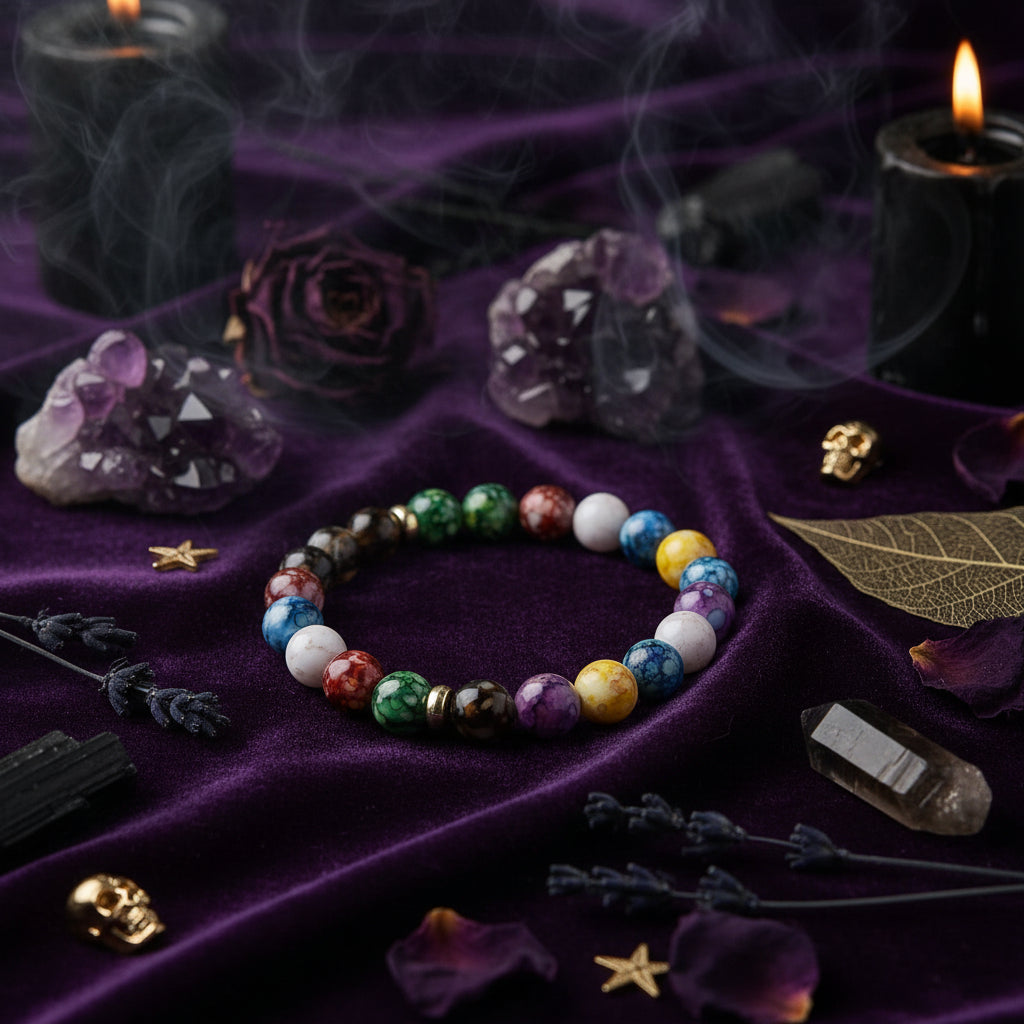 Colorful beaded bracelet with a mystical background featuring geometric shapes and energy lines.