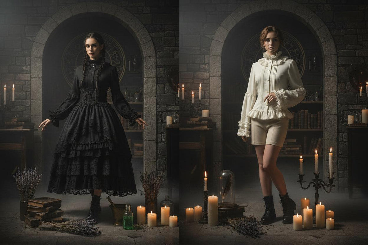 Black and white dresses on mannequins against floral wallpaper.