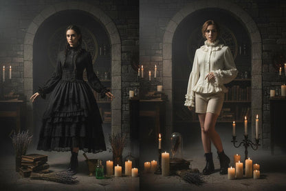 Black and white dresses on mannequins against floral wallpaper.