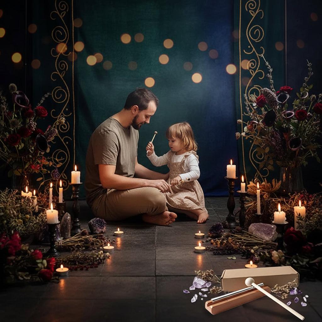 Man and young child sitting on a bed together, surrounded by wicker baskets.