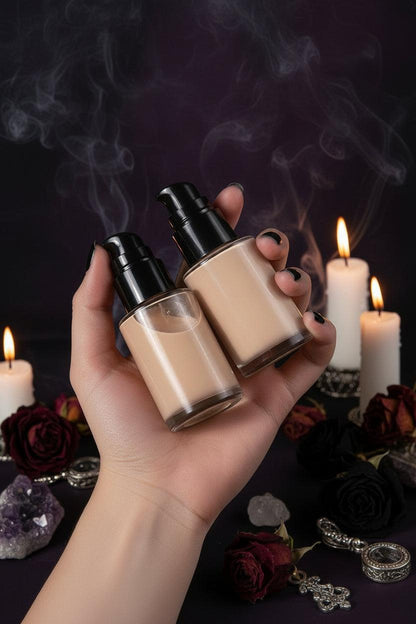 Hand holding two bottles of 'Moist Flawless' foundation with a blue background