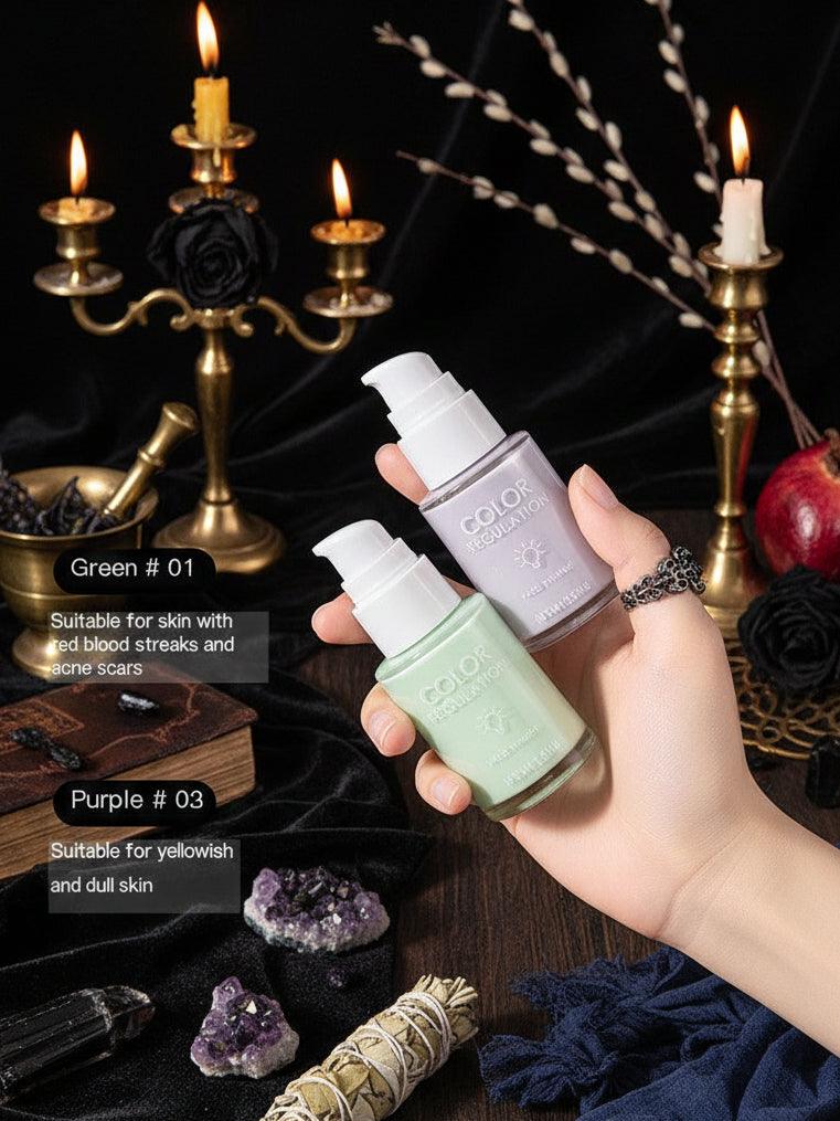 Hand holding two nail polish bottles labeled 'Green #01' and 'Purple #02' against a light background.