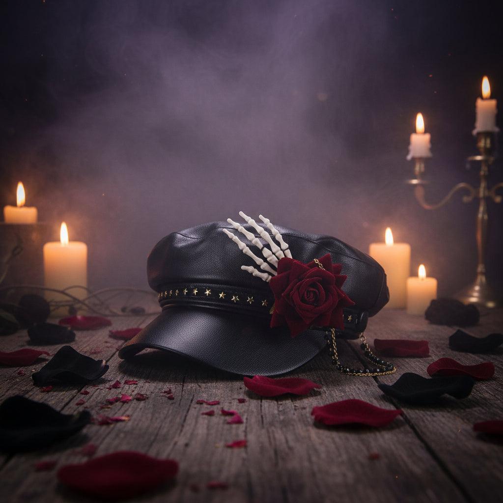 Black leather cap with red rose and skeleton hand design on a white background