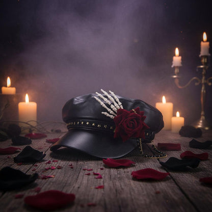 Black leather cap with red rose and skeleton hand design on a white background