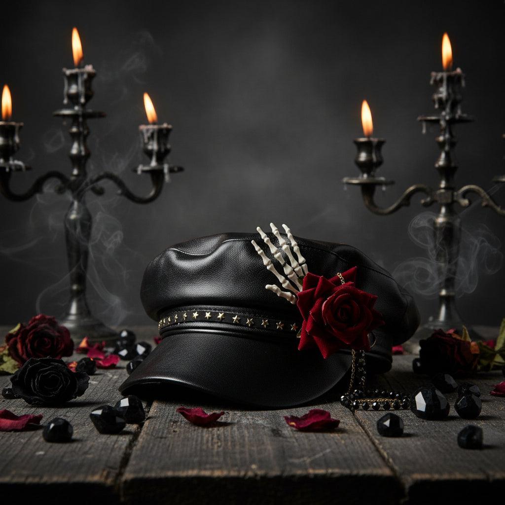 Black leather cap with gold studs, a red rose, and white bones on a white background