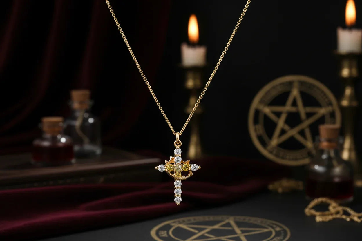 Rotatable Cross Necklace - Sorceress Sanctuary Golden Crown Cannot Rotate-Silver Crown Not Rotatable-Golden Cross-Cross Pendant-Silver Crown Rotatable