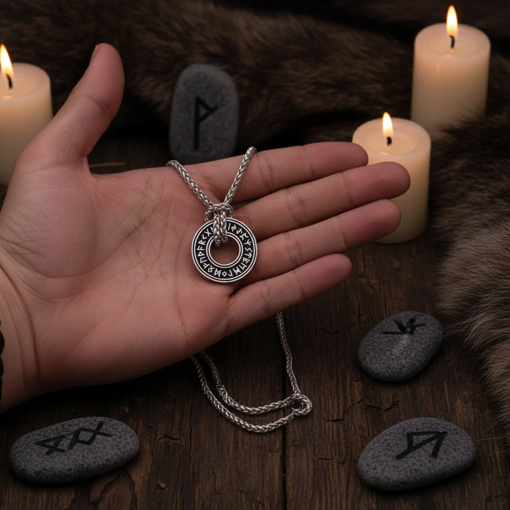 Viking Rune Circle Necklace - Sorceress Sanctuary Bronze snake bone chain-Silver snake bone chain-Ancient silver wax rope-Ancient bronze wax rope