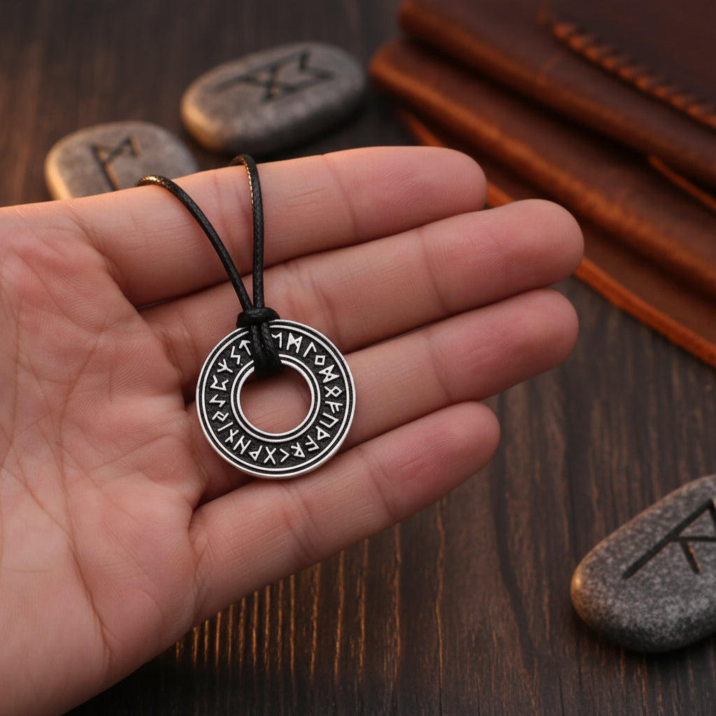 Viking Rune Circle Necklace - Sorceress Sanctuary Bronze snake bone chain-Silver snake bone chain-Ancient silver wax rope-Ancient bronze wax rope