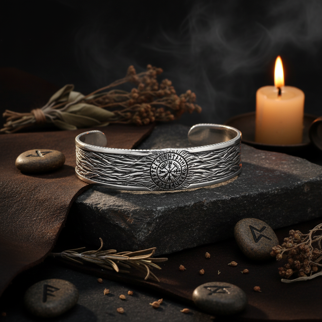 Silver bracelet with detailed design on a dark background