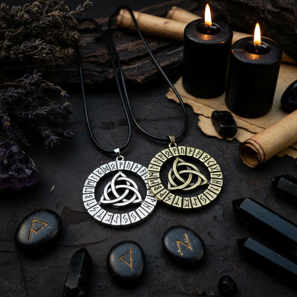 Two circular pendants with leaf designs and runic inscriptions on a dark fabric background.