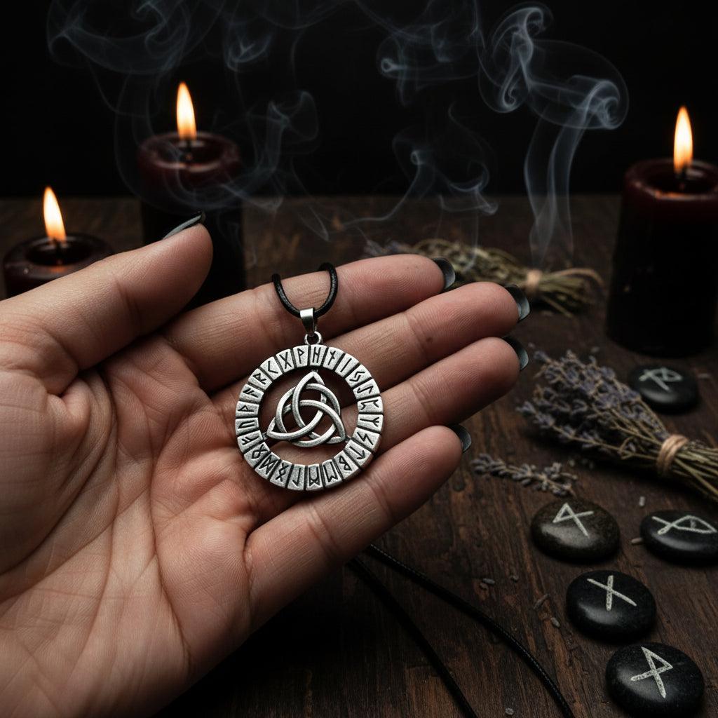 Silver pendant with Celtic knot and runic designs held in a hand against a dark background