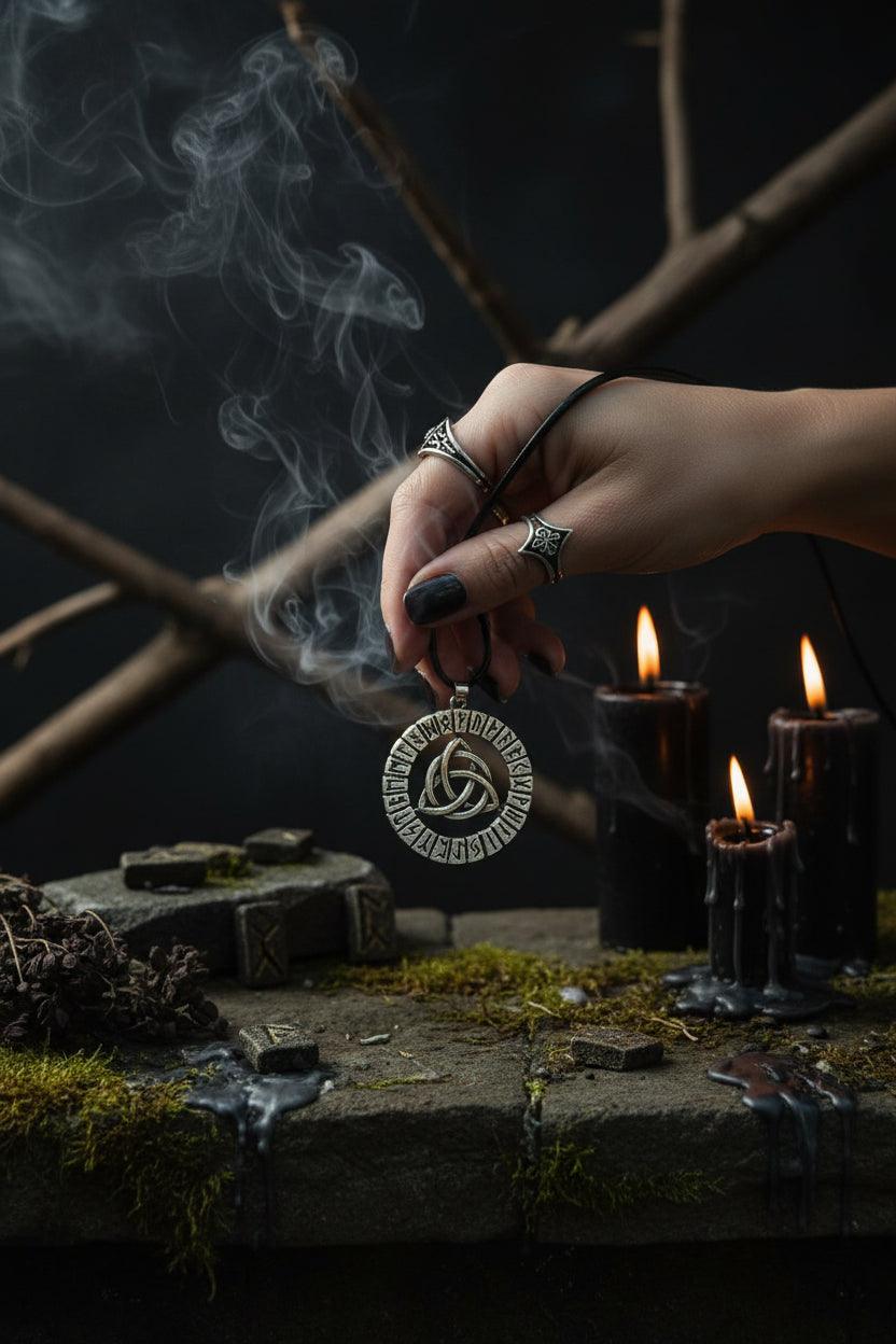 Silver pendant with Celtic knot design and runic text on a hand