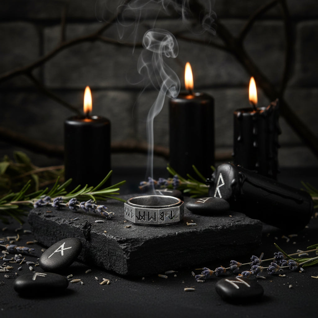 Silver ring with engraved symbols on a white background