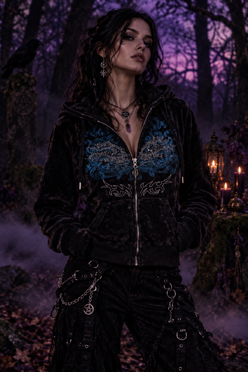 Black hoodie with blue designs worn by a person on a plain background