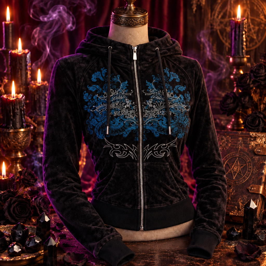 Black hoodie with blue designs worn by a person on a plain background