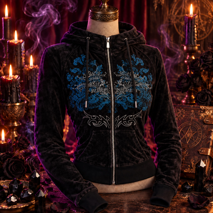 Black hoodie with blue designs worn by a person on a plain background