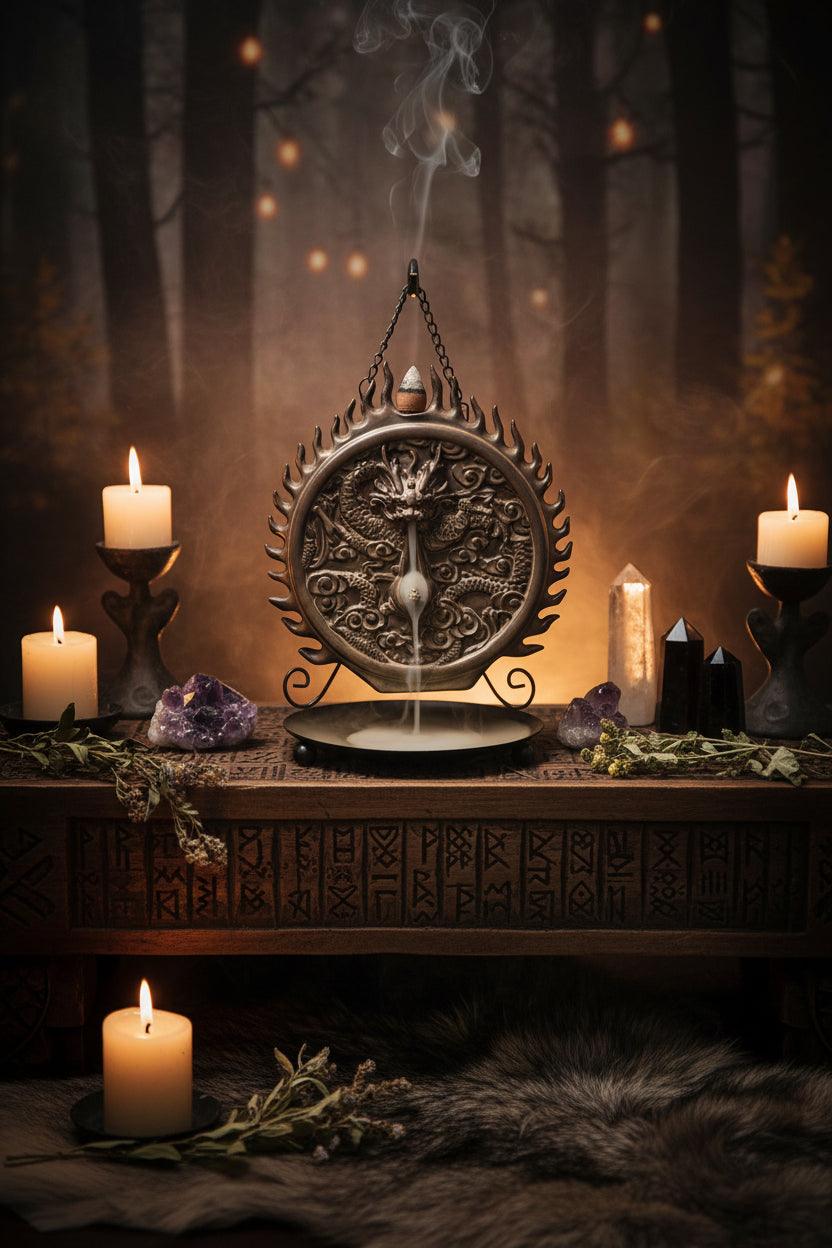 Decorative incense burner with dragon design on a wooden surface
