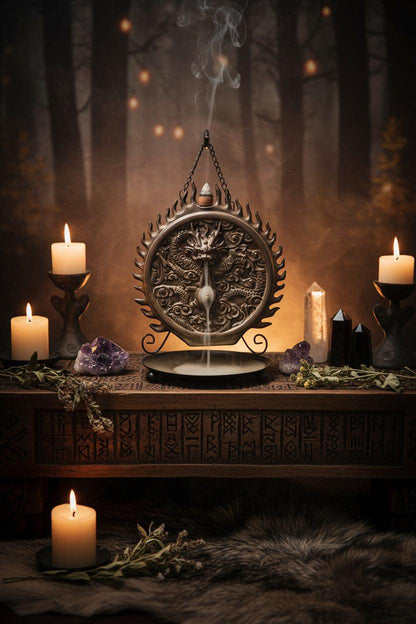 Decorative incense burner with dragon design on a wooden surface
