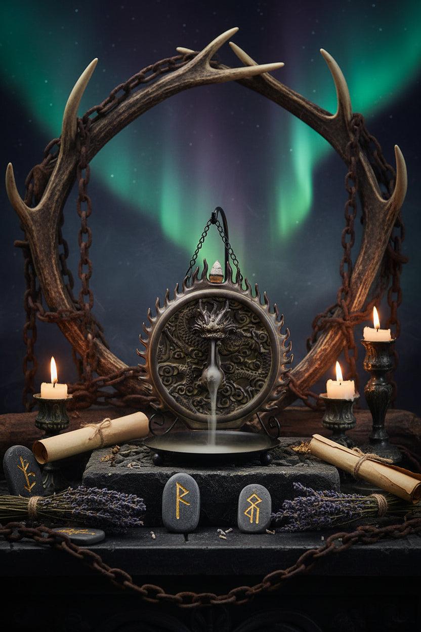 Decorative incense burner with dragon design on a dark background