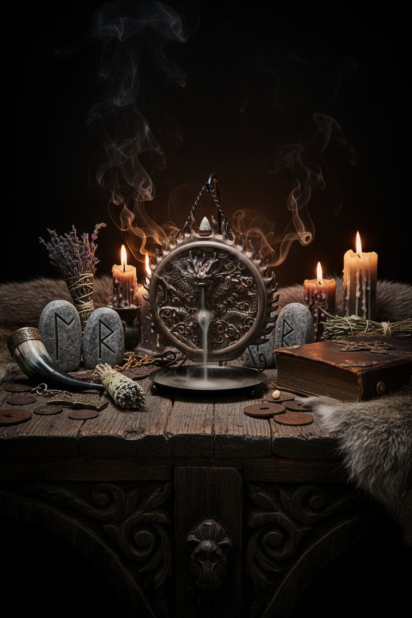 Decorative incense burner with intricate design and smoke on a wooden surface