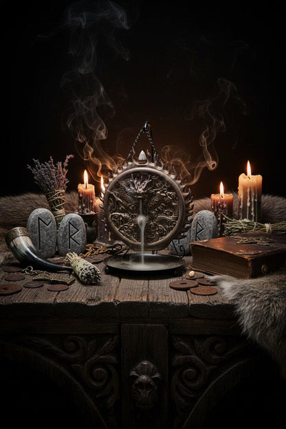 Decorative incense burner with intricate design and smoke on a wooden surface