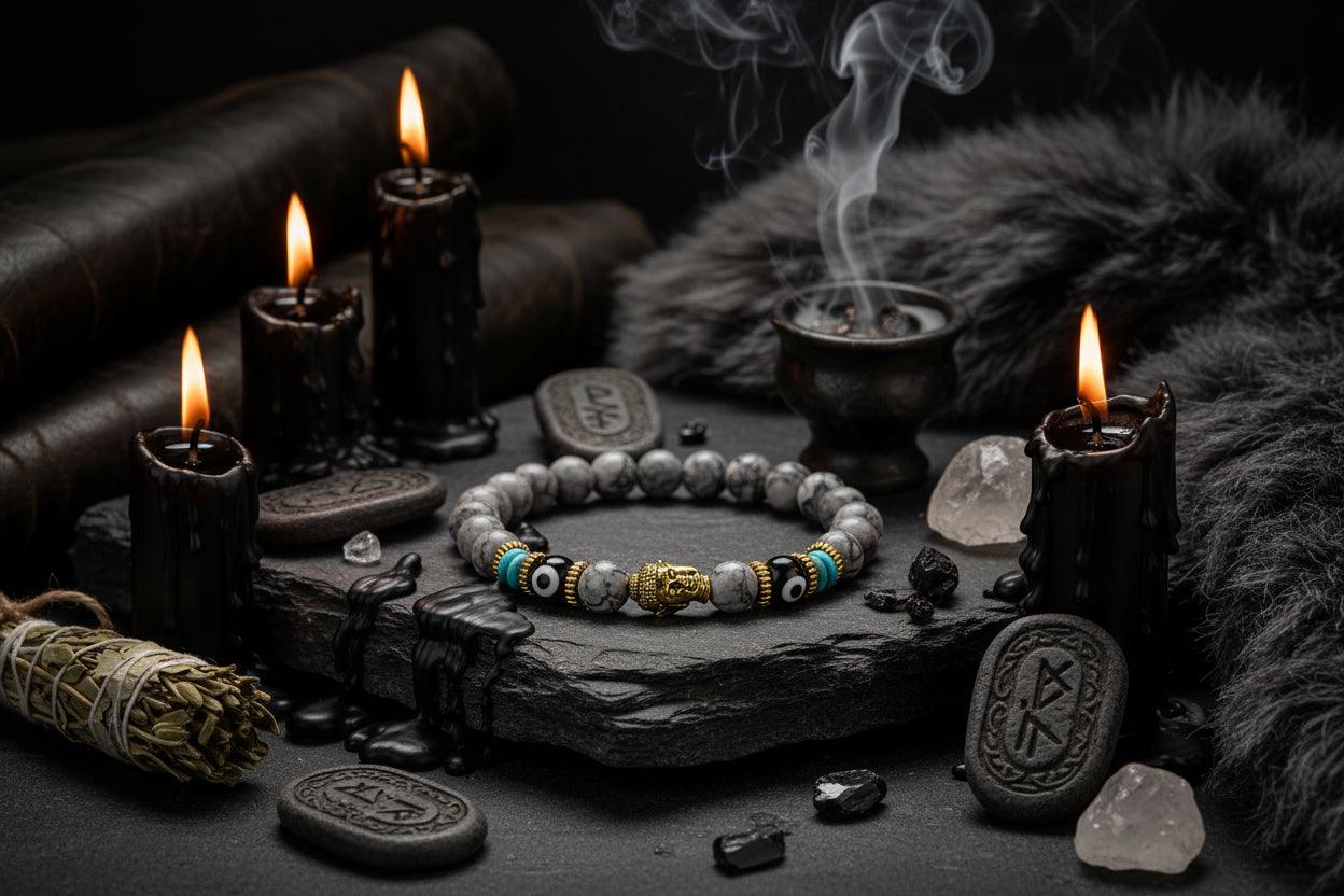 Bracelet with gray beads, gold accents, and black and blue eye-shaped beads on a white background