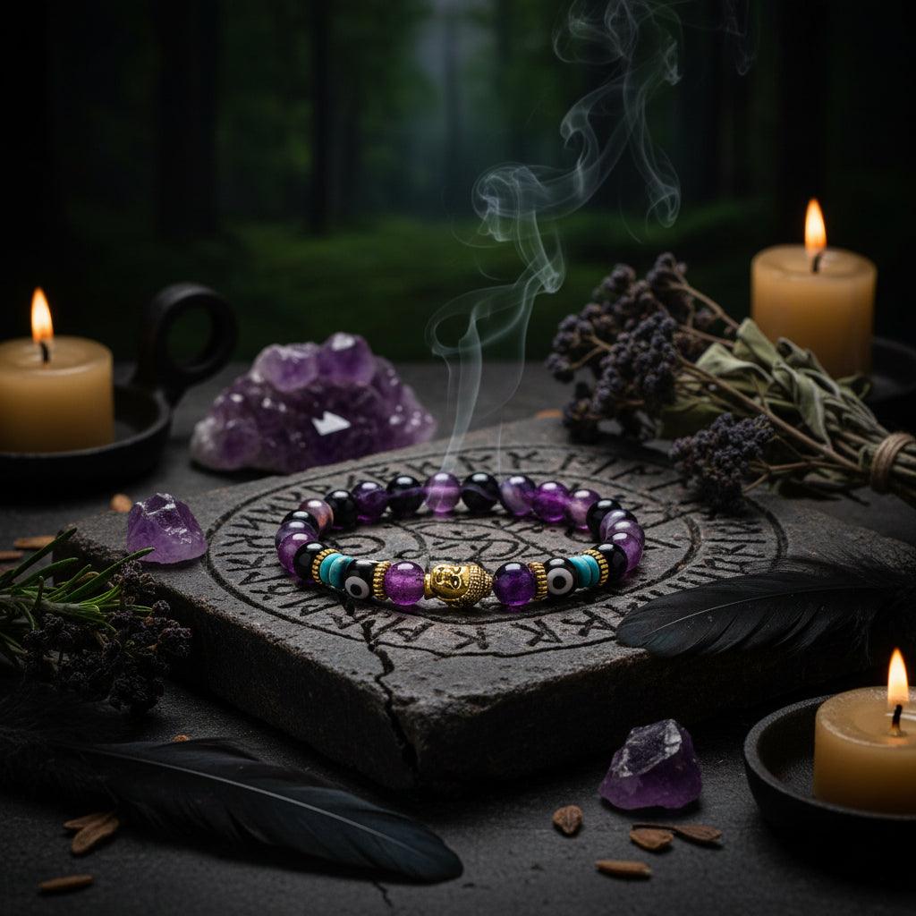 Beaded bracelet with purple, black, and gold elements on a white background