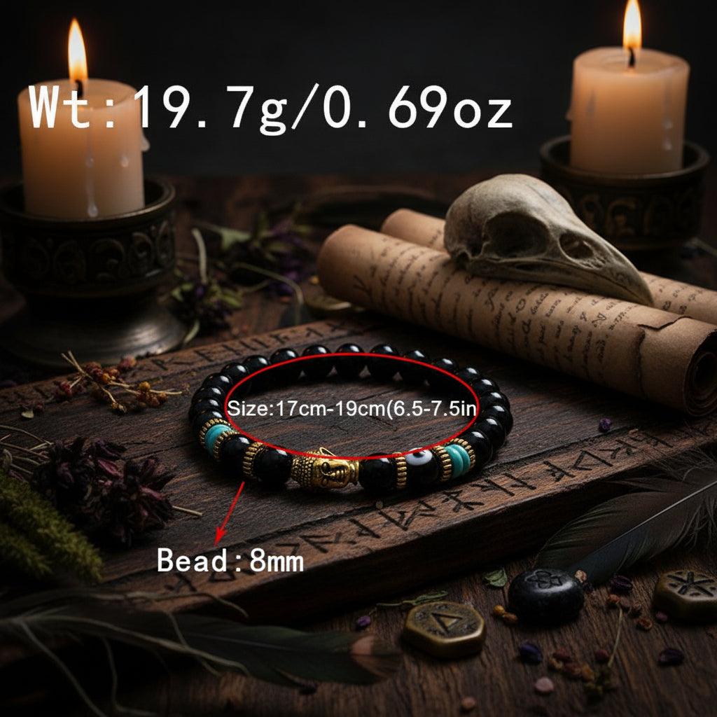 Black beaded bracelet with gold and blue accents, showing weight, size, and bead diameter on a white background.