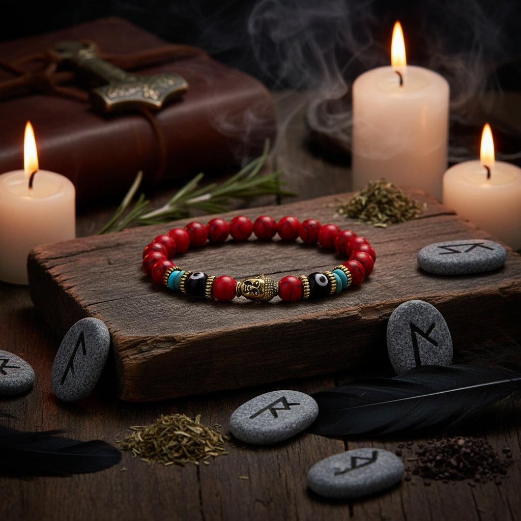 Red beaded bracelet with gold Buddha figure and black and blue beads on a white background