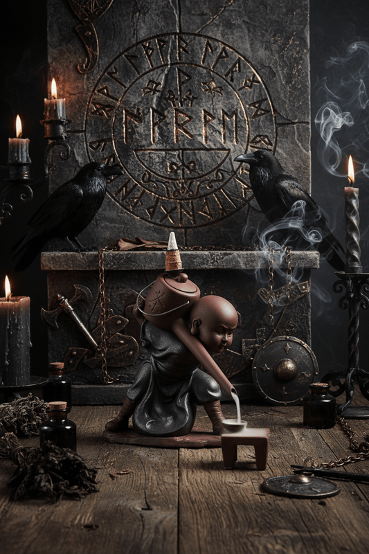 Ceramic incense burner shaped like a monk with a monk's hat on a wooden surface.