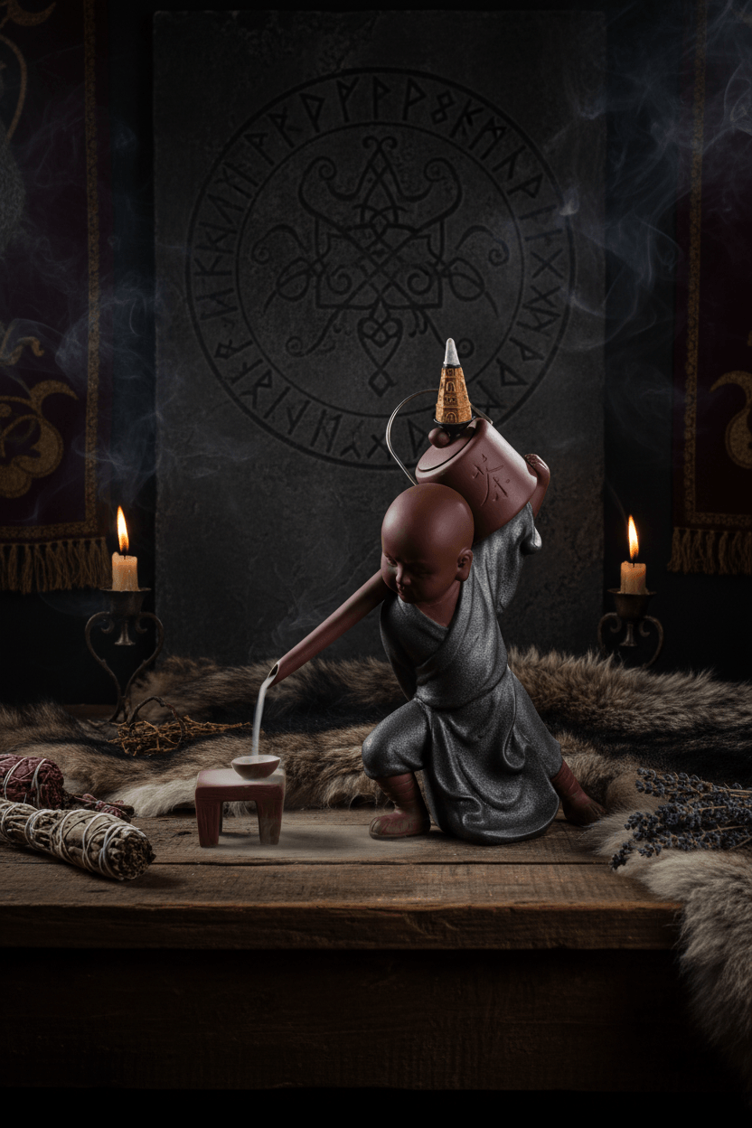 Ceramic statue of a monk pouring tea from a kettle on a wooden surface with a gray background