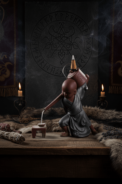 Ceramic statue of a monk pouring tea from a kettle on a wooden surface with a gray background
