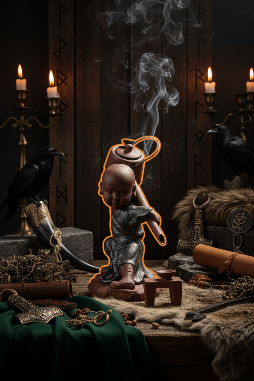 Statue of a child holding a teapot on a wooden surface with a gray background