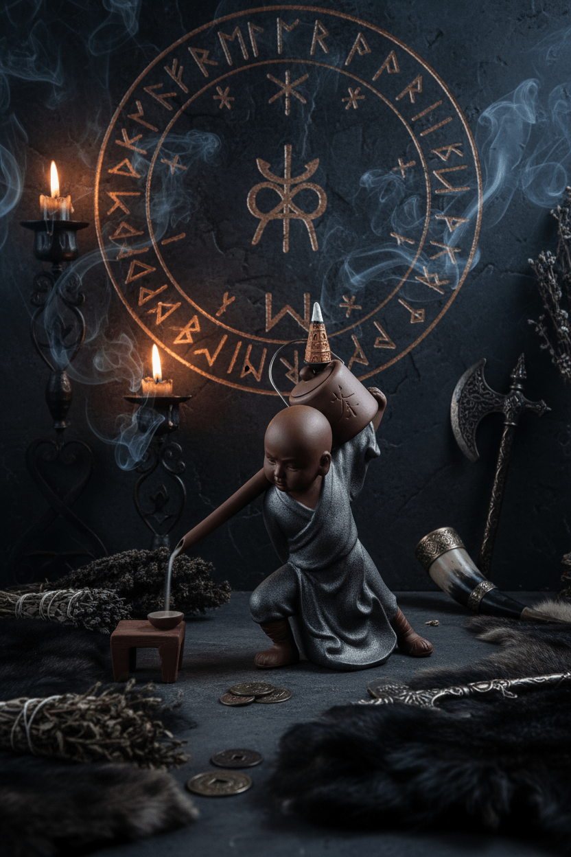 Ceramic statue of a monk pouring tea from a kettle on a wooden surface with a gray background