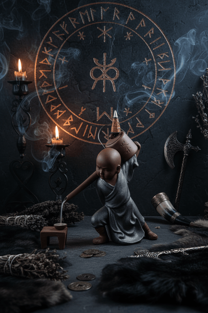 Ceramic statue of a monk pouring tea from a kettle on a wooden surface with a gray background