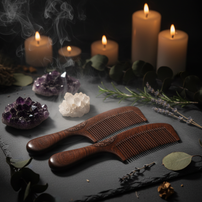 Two wooden combs on a wooden surface with a small green plant.