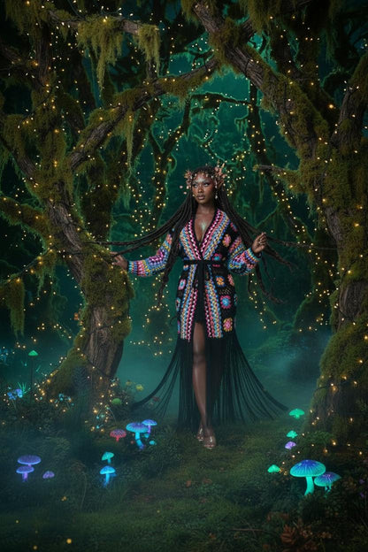 Woman wearing a colorful, patterned robe with black fringe on a gray background