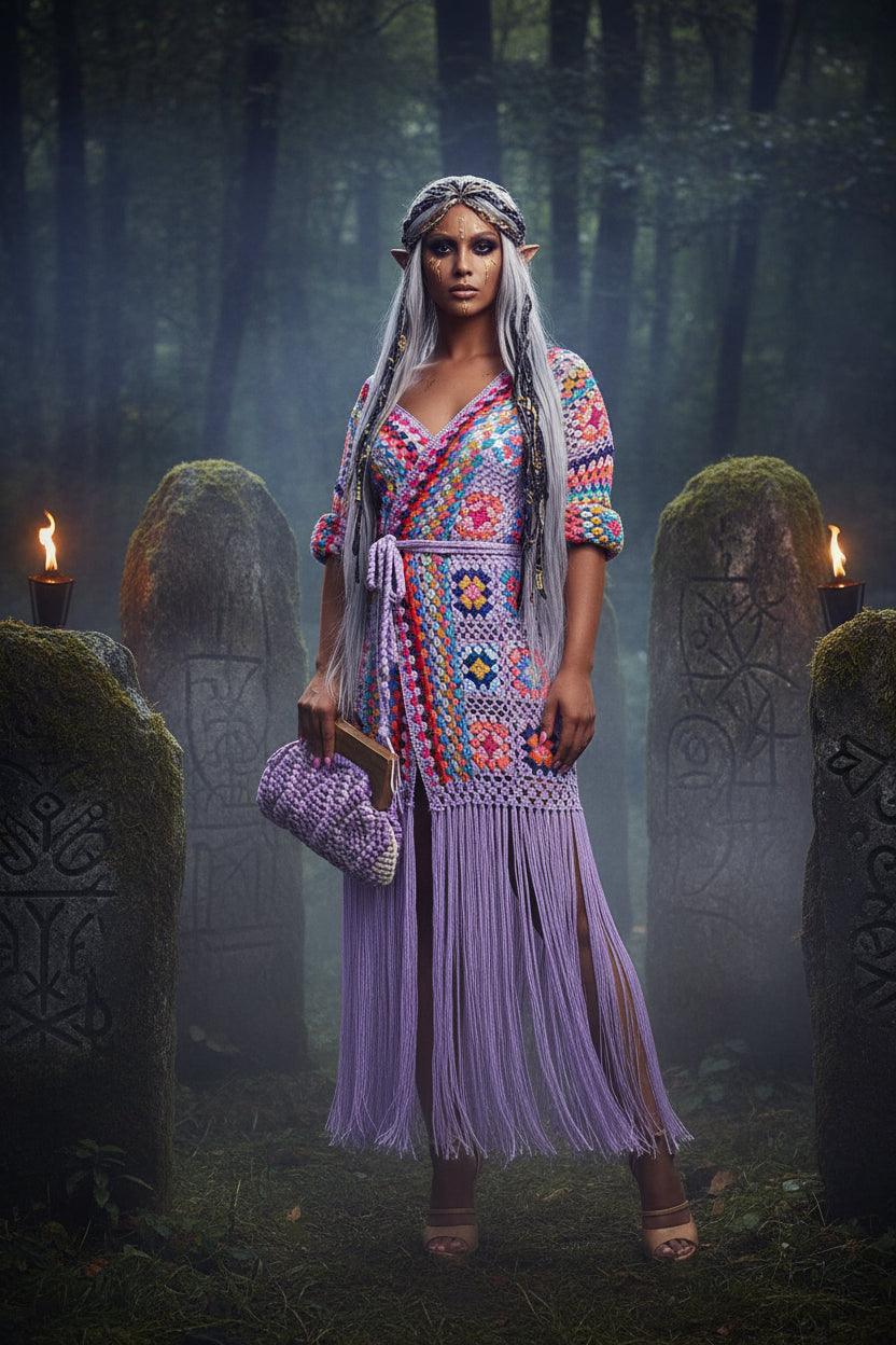 Person wearing a colorful crochet dress with a matching clutch against a tiled wall background.
