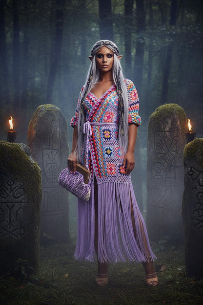 Person wearing a colorful crochet dress with a matching clutch against a tiled wall background.