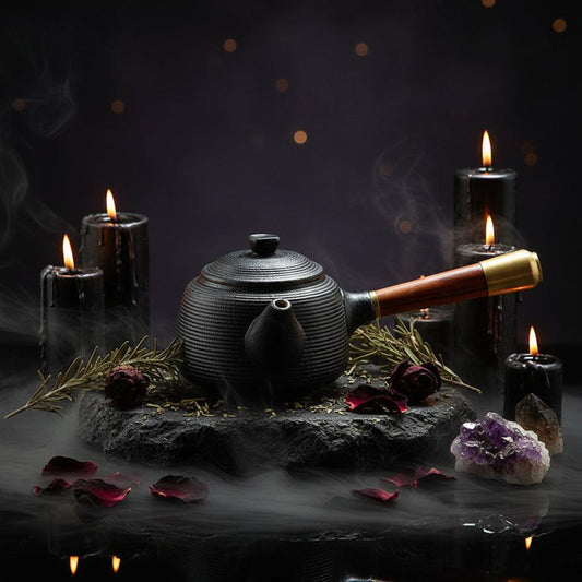 Black teapot with wooden handle on a wooden surface next to an open book